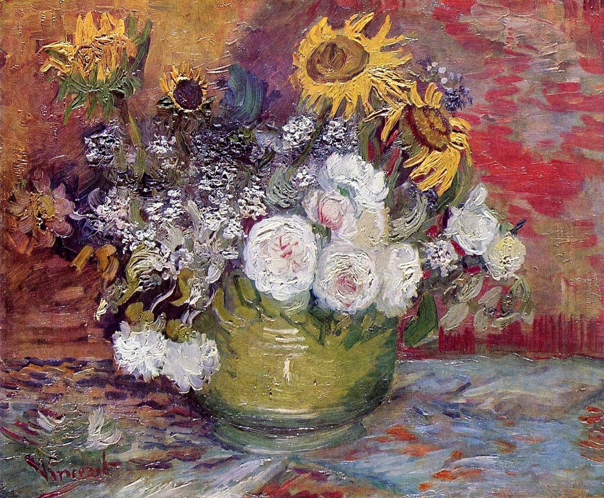 Bowl With Sunflowers Roses And Other Flowers (1886)